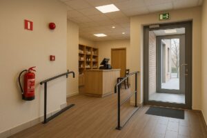 Vue d’un petit établissement recevant du public avec rampe d’accès, extincteur, sortie de secours et comptoir d’accueil